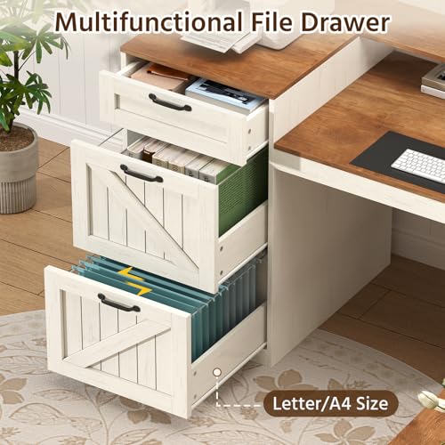 Farmhouse L Shaped Desk with Drawers and Storage Shelves, 59" L Shape Executive Desk with File Drawers and Power Outlet, Wood Computer Corner Desk with Storage Cabinet for Home Office, Antique White