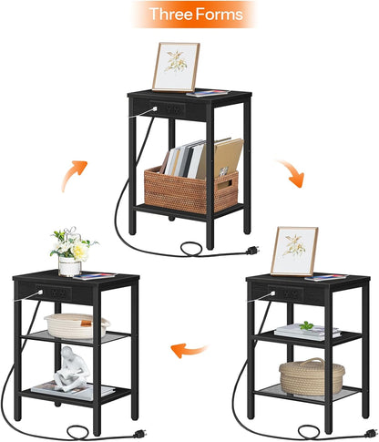 Side Table with Charging Station and USB Port, Small End Table for Small Space, 3-Tier Nightstand with Adjustable Shelf, for Living Room, Bedroom and Balcony, Black BB112BZ01
