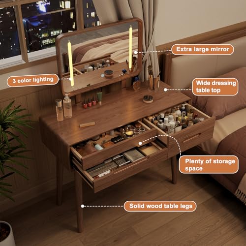 Solid Wood Vanity Desk with Mirror and 3 Lighting Modes, view 6