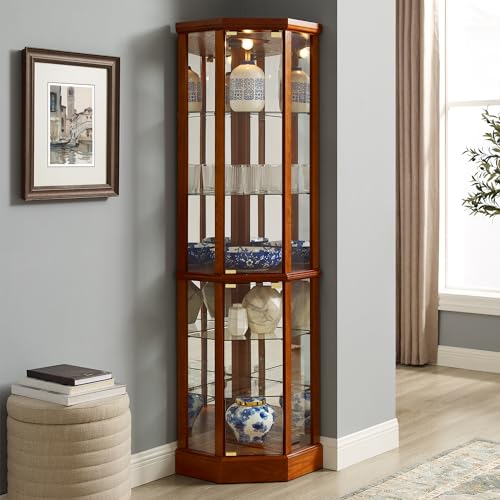 6 Shelf Lighted Corner Curio Cabinet with Adjustable Tempered Glass Shelves and Mirror Back, Oak(E26 Light Bulb not Included)