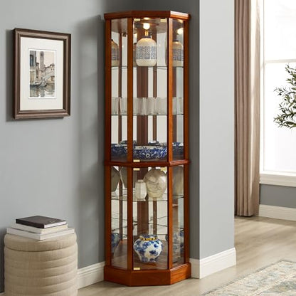 6 Shelf Lighted Corner Curio Cabinet with Adjustable Tempered Glass Shelves and Mirror Back, Oak(E26 Light Bulb not Included)