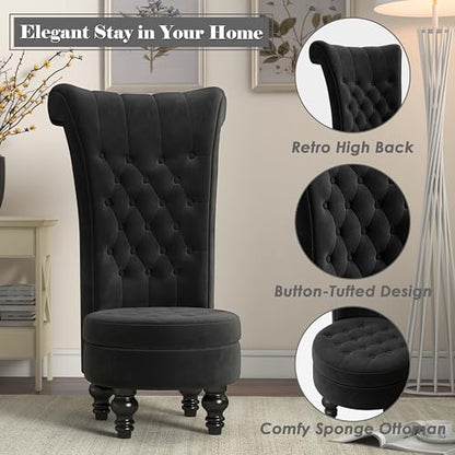 High Back Throne Royal Chair, Retro Armless Chair with Storage, Velvet Furniture Chair, Upholstered Tufted Accent Seat for Living Room, Bedroom, Black
