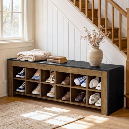 48-inch Farmhouse Entryway Bench, Wooden Shoe Storage Bench with 12 Cubbies & Compartments, Shoe Rack Organizer, Freestanding Shoe Cabinet for Hallway, Mudroom, Cloakroom, Bedroom