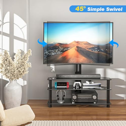 Corner Swivel Glass TV Stand with Mount for 32-70 Inch Screen TV up to 110lbs, Height Adjustable Corner TV Stand with Mount, Entertainment Center with TV Mount and 3-Tier Storage for AV Media