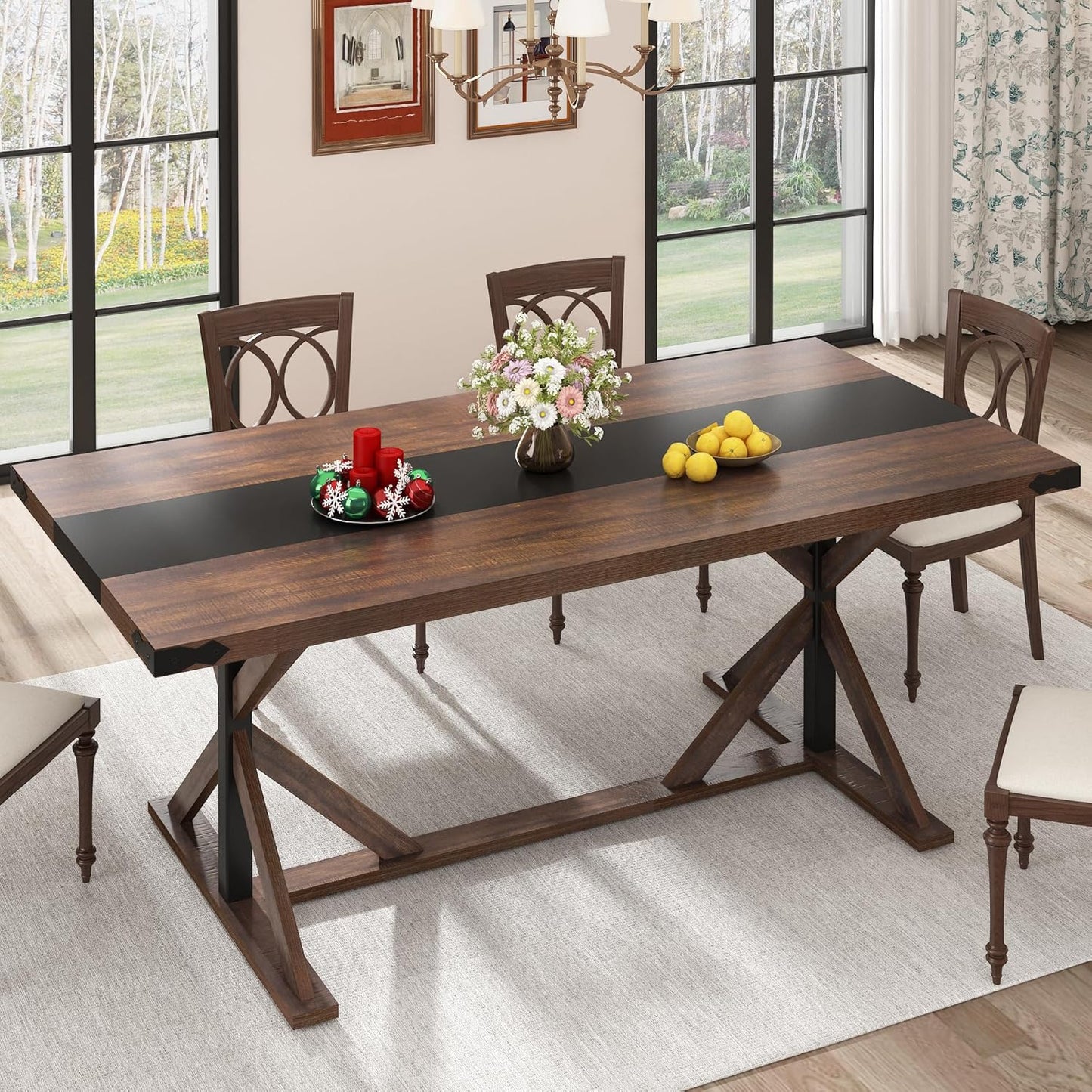 71 Inch Dining Table for 6 People, Rectangular Kitchen Farmhouse Table W/Thickness Waterproof Wood Tabletop,Long Dining Room Tables W/Wood Strip Base for Kitchen Living Room(Br)