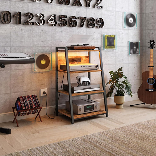 4-Tier AV Media Stand with Charging Station and LED Light, Wooden Stereo Cabinet, Game Console Stand, Media Audio Rack, Record Player, Entertainment Center, Rustic Brown and Black BF106UDCJ01