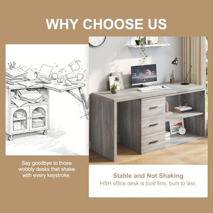 L Shaped Office Desk with Drawers Shelves 55-76 Inch, Corner Computer Desk with Storage 360 Rotating Long for Work, Executive, Study, Writing, Teacher, Bedroom Modern Gaming Table, Light Grey