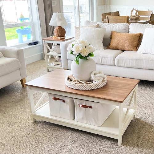 Farmhouse Coffee Table for Living Room, White Coffee Tables with Storage Rustic Style Modern