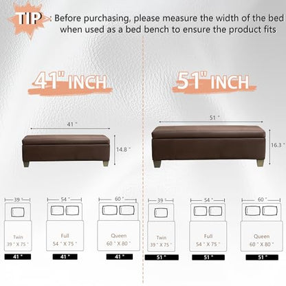 41" Storage Ottoman, Storage Bench with Safety Hinge, Upholstered Synthetic Leather Ottoman Bench for Bedroom, Living Room, Entryway, Hallway, Foot Rest, Support 500lbs, Brown