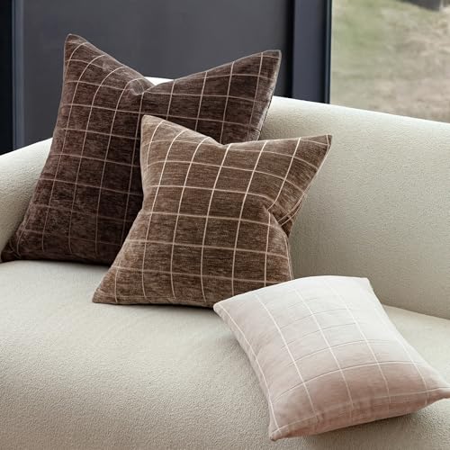 Decorative Chenille Plaid Fall Throw Pillow Covers Brown 12x20 Set of 2
