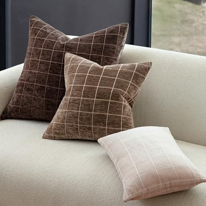 Decorative Chenille Plaid Fall Throw Pillow Covers Brown 12x20 Set of 2