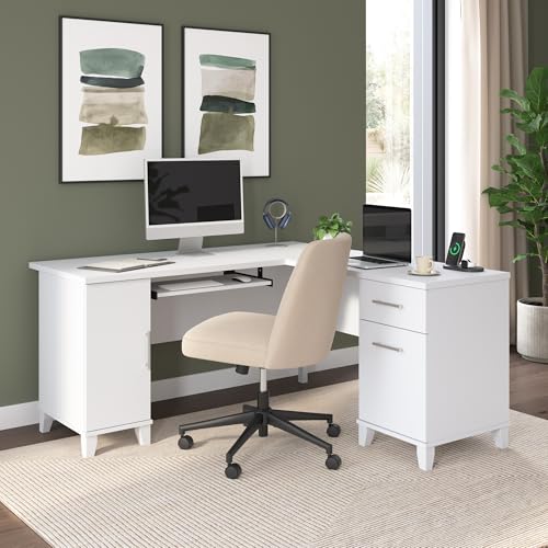 60-Inch L-Shaped Desk with Storage, Corner Computer Office Desk with Drawers and Storage Cabinet, Home Office Furniture, Somerset Collection, White