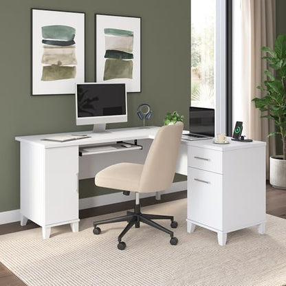 60-Inch L-Shaped Desk with Storage, Corner Computer Office Desk with Drawers and Storage Cabinet, Home Office Furniture, Somerset Collection, White