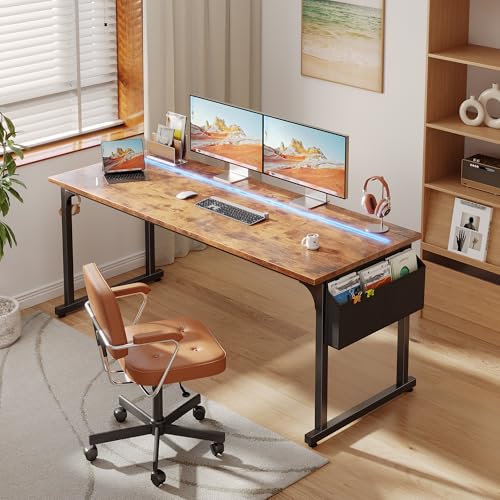 55" Office Desks with LED Lights,Gaming Writing Work from Home Study Desk with Storage Bag,Home Office Desk with Headphone Hook Sturdy Metal Frame, Rustic Brown