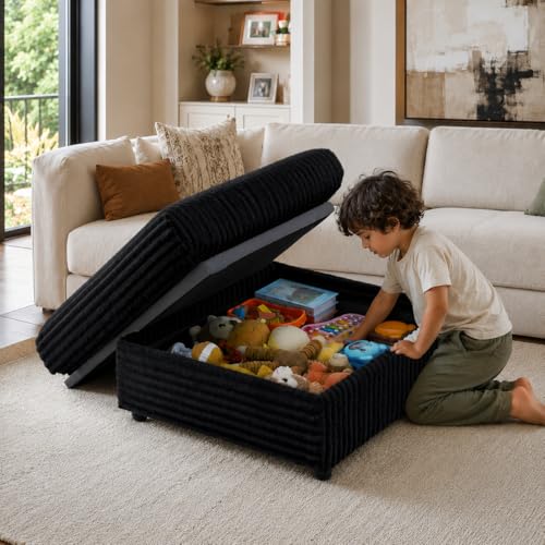 35.3" Corduroy Ottoman with Storage Oversized Ottoman for Modular Sectional Couches Foot Rest Stool with Hidden Compartment for Living Room, Apartment (Black, 35.3")