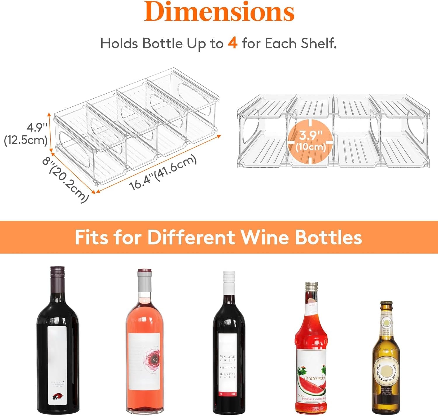 Wine Rack for Fridge, Stackable Wine Bottle Holder with Sturdy Support Insert & Reinforced Design, Plastic Bottle Organizer for Refrigerator, Cabinet & Pantry, Clear, Holds 8 Bottles