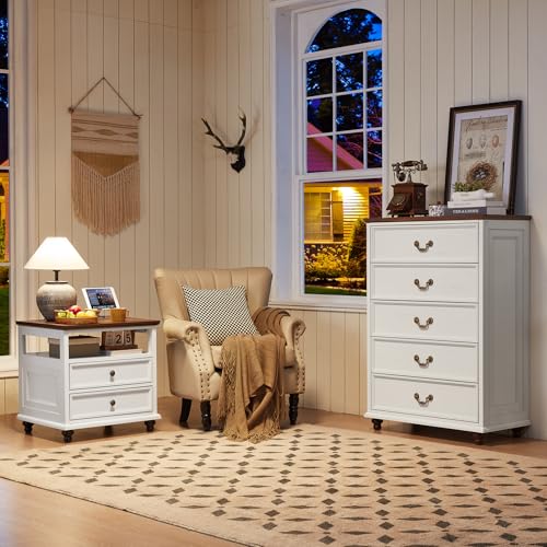24" Wide Farmhouse Nightstand with Charging Station Set of 2,54" 7 Drawers Dresser, 45" Tall Rustic Chests of 5 Drawers, Farmhouse Furniture Series for Bedroom,White