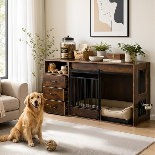 59.8 Inch Large Dog Crate Furniture with 3 Storage Drawers, view 2