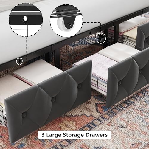 King Upholstered Canopy Bed Frame with 3 Storage Drawers & Button Tufted, view 7
