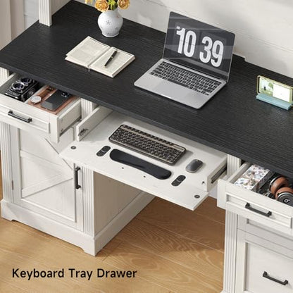 72" H Farmhouse Executive Desk with Hutch, Office Desk, Computer Desks with Charging Station, Computer Workstations with 5 Drawers and Storage Cabinet for Home, Office, Off White & Black