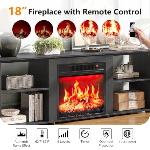 58" Fireplace TV Stand for Living Room, 4 Open Shelves, Black, view 5