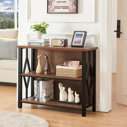 Bookshelf, 3-Tier Rustic Short Bookshelf, Industrial Shelf Bookcase with Engineered Wood Shelves, Low Bookcase with Storage, Small Shelf for Living Room, Bedroom and Office, Rustic Brown