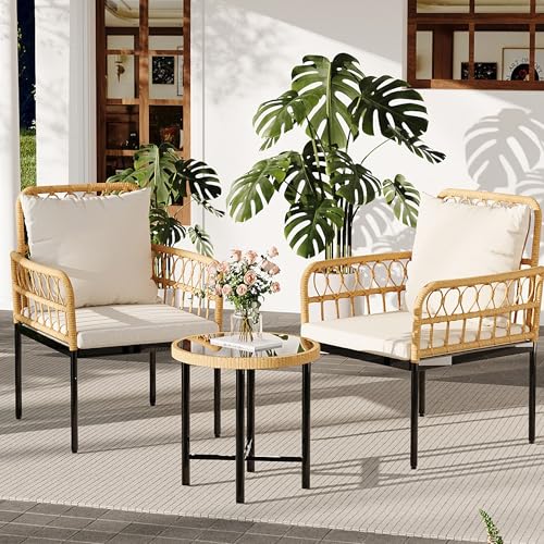 Wicker 3 Pieces Patio Bistro Sets Outdoor Conversation Sets with Glass Top Side Table and 2 Modern Rattan Chairs, Patio Furniture Set for Apartment, Backyard, Porch, Balcony, Lawn (Beige)
