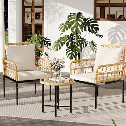 Wicker 3 Pieces Patio Bistro Sets Outdoor Conversation Sets with Glass Top Side Table and 2 Modern Rattan Chairs, Patio Furniture Set for Apartment, Backyard, Porch, Balcony, Lawn (Beige)