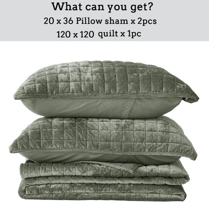 Quilt Set Oversized King Size 120X120 Luxurious Velvet Bedding Sets with 2 Pillow Shams 20X36 3 Pieces Ultra Soft Quilted Bedspread Coverlet Comforter for All Season,Army Green