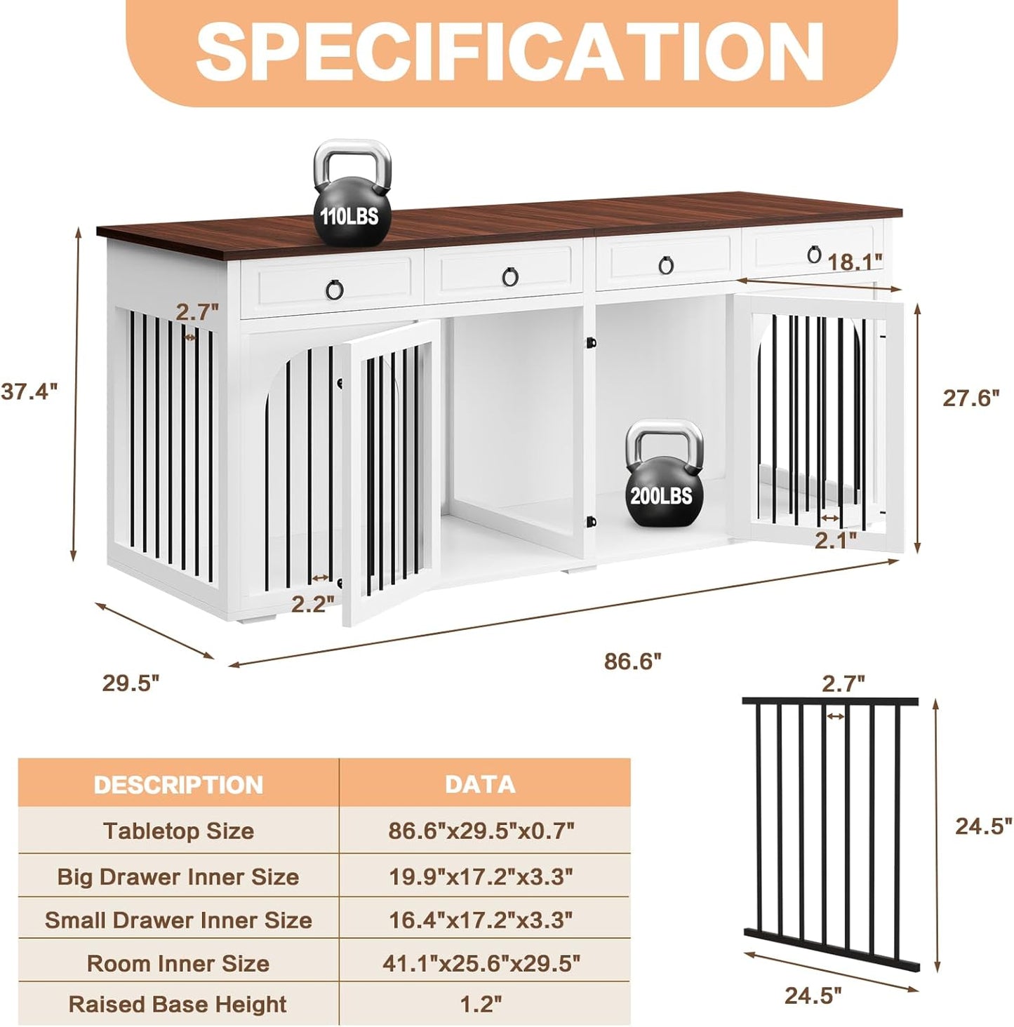 86.6" Large Dog Crate Furniture for 2 Dogs,Xxxl Wooden Furniture-Style Double Dog Crates Kennel Cage TV Stand Table with 4 Drawers Divider Locks,White