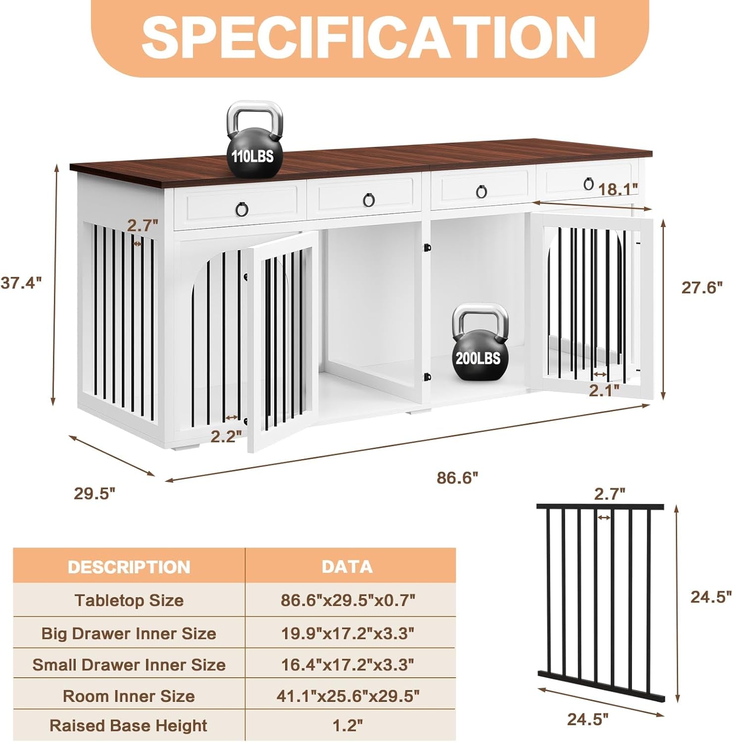 Large Dog Crate Furniture,74.8" Wooden Double Dog Kennel Cage Furniture Indoor for 2 Large Medium Dogs TV Stand with Divider and 2 Drawers,White