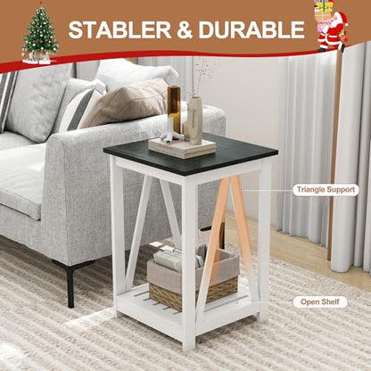 Farmhouse Square End Table, Accent Side Table with Slats Design, Sofa Side Table with Sturdy Frame for Living Room, Oak Black