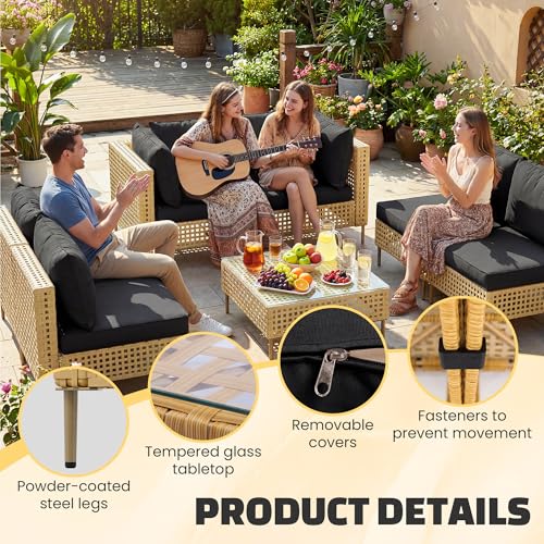 7-Piece Wicker Outdoor Patio Furniture Set, Outdoor Sectional Furniture, Patio Sofa Sectional Conversation Sets, Handmade Rattan, Water-Resistant Fluffy Cushions and Coffee Table, Black