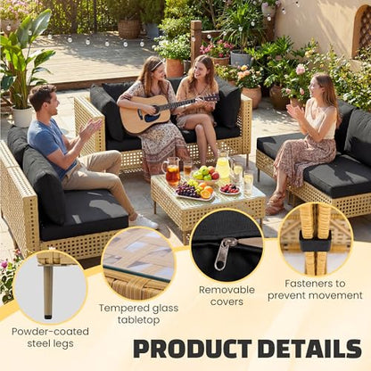7-Piece Wicker Outdoor Patio Furniture Set, Outdoor Sectional Furniture, Patio Sofa Sectional Conversation Sets, Handmade Rattan, Water-Resistant Fluffy Cushions and Coffee Table, Black