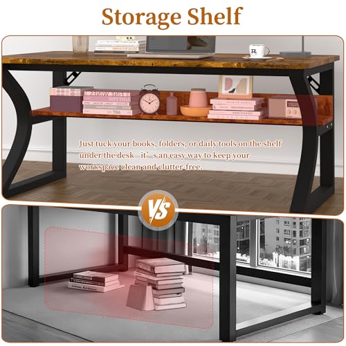 47 inch Computer Desk, Home Office Desk with Storage Shelf, Sturdy U-Shaped Metal Frame Study Table with Cable Management, Gaming Desk for Office & Bedroom, Rustic Brown