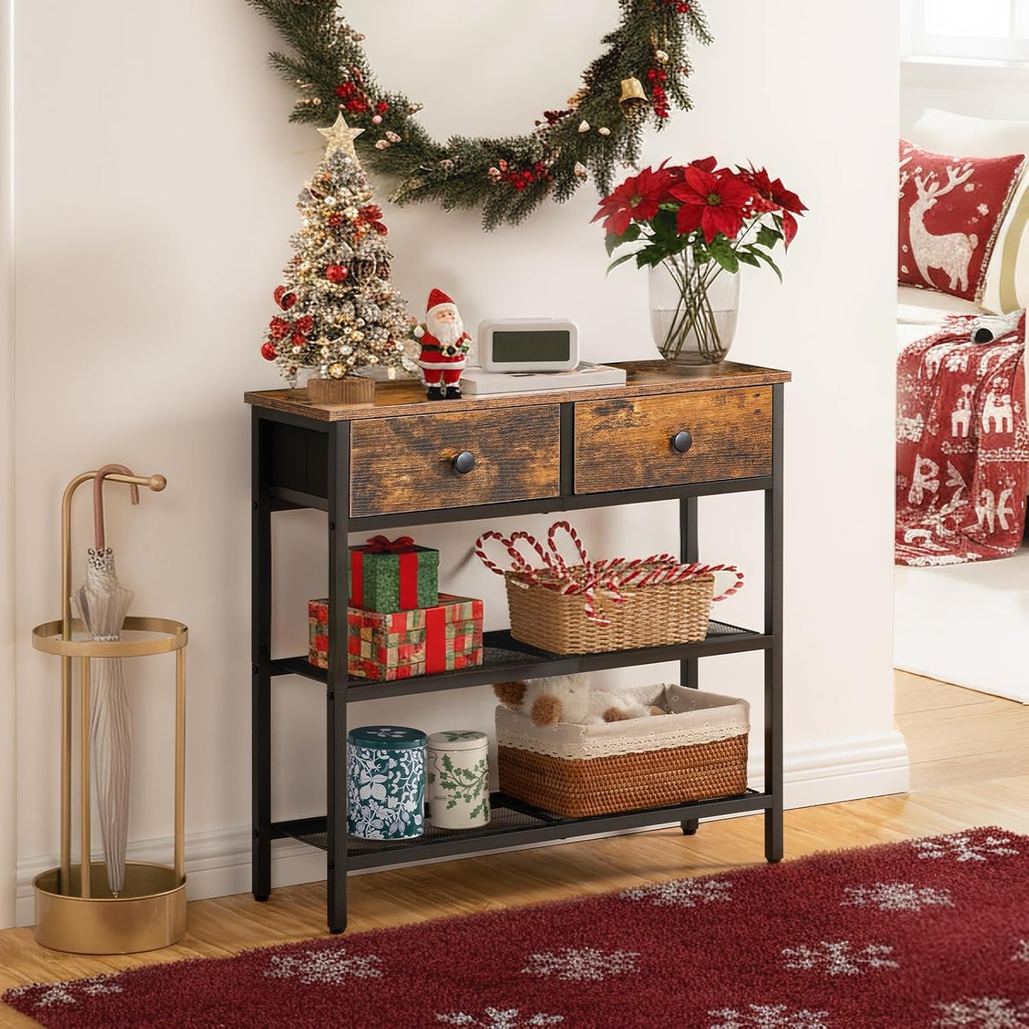 29.5" Narrow Console Table with 2 Fabric Drawers, Sofa Table, Small Entryway Table with 3-Tier Storage Shelves, behind Couch Table, for Living Room, Hallway, Rustic Brown and Black BF72XG01