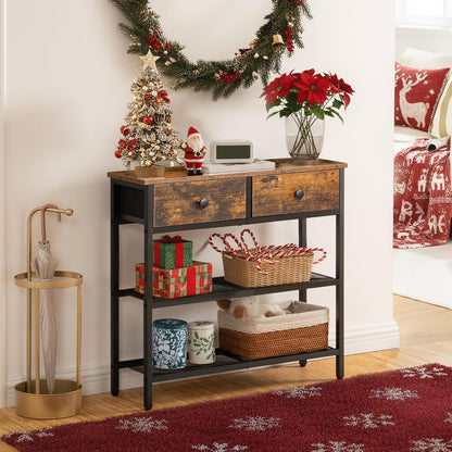 29.5" Narrow Console Table with 2 Fabric Drawers, Sofa Table, Small Entryway Table with 3-Tier Storage Shelves, behind Couch Table, for Living Room, Hallway, Rustic Brown and Black BF72XG01