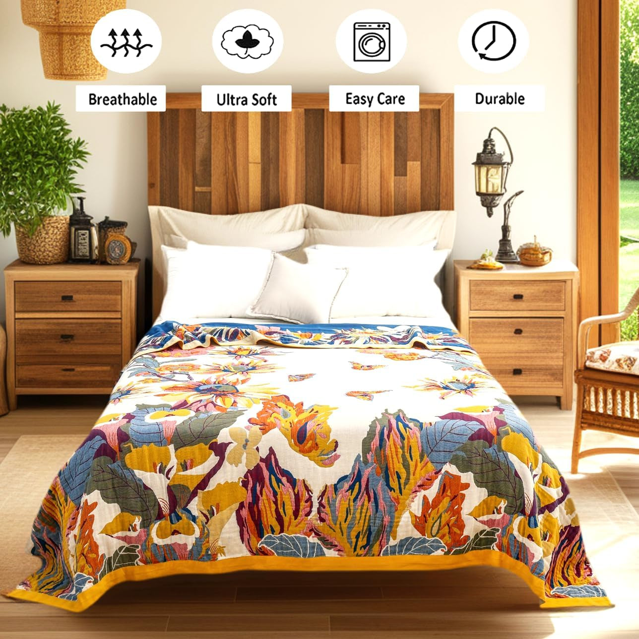 Boho Throw Blanket 60" X 80", 100% Organic Cotton Skin-Friendly Lightweight Ultra Soft Bed Quilt Throw - Fall Floral Butterfly Farmhouse Decor Blanket for Sofa Couch Chair and Gift.