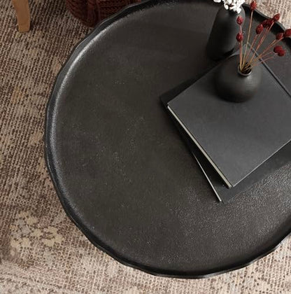 Alessia Modern Round Metal Coffee Table; 26 x 26 x 16; Black; Sand Cast Aluminum Coffee Table with Raised Deckled Edge for Storage and Display