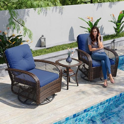 3 Pieces Patio Furniture Set, Patio Swivel Rocker Chairs Set of 2, Wicker Outdoor Bistro Set with Rocking Chair, Thickened Cushions and Table for Porch (Blue)