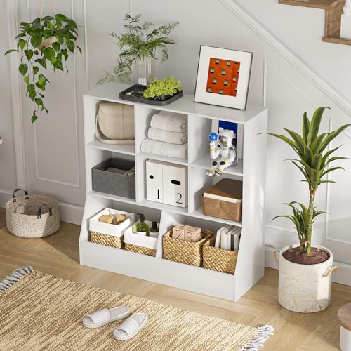 Toy Storage Organizer, Kids Bookshelf, Wood Toy Storage Cabinet, 3-Tier 8 Cubby Children Bookcase, 39.4" L Toddler Book Shelf for Playroom, Living Room, Nursery, Hallway, Classroom, White