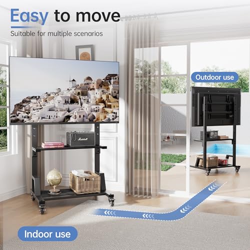 Outdoor TV Stand with Storage for 32–75 Inch TVs, Max VESA 600×400 mm, Supports 150 lbs, Height Adjustable Mobile Cart with Locking Wheels, Rolling TV Stand for Home Office Outdoor(Black)