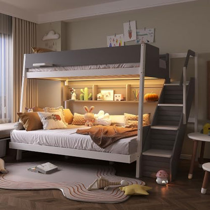 JIVOIT Twin Over Full Bunk Bed with Striped-Design Staircase, Side Shelves, view 5