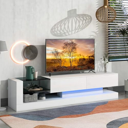 LED TV Stand for 55 65 75 Inch TV, Entertainment Center Equipped with Two Pull-Down Door Storage, 50 60 70 Inch TV Console with Tempered Glass and Power Cord for Living Room, White