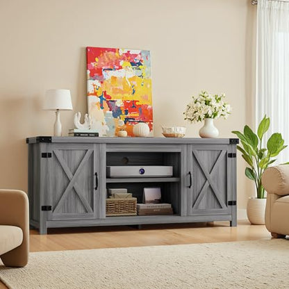 Modern Farmhouse TV Stand with Two Barn Doors and Storage Cabinets for Televisions up to 65+ Inch,Entertainment Center Console Table,Media Furniture for Living Room,Light Grey