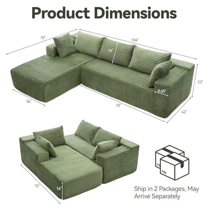 106" Modular Sectional Sofa, Green Corduroy Cloud Couch with Right Chaise, Deep Seat Boneless Floor Sofa for Living Room, High-Resilience Foam Support, No Assembly Required, Includes Pillows | Sectional Sofa