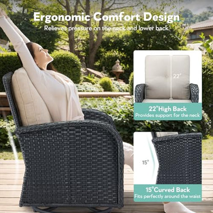 Outdoor Swivel Glider Rocker Chairs - 3 Piece Patio Furniture Set, Patio Bistro Sets with Tempered Glass Side Table, for Balcony, Porch - Black Wicker Beige Cushion
