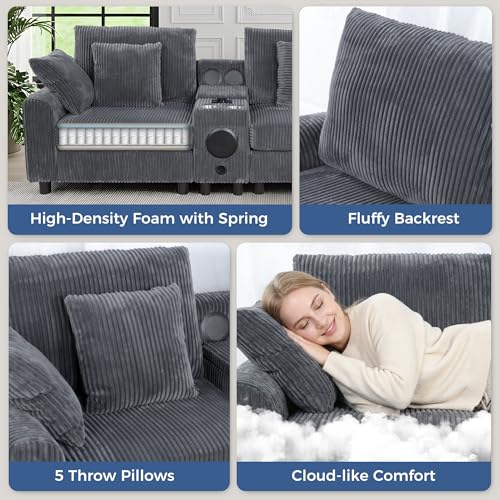 114" Corduroy Modular Sectional Couch with Built-in Speakers & USB Ports, Deep Seat L Shaped Couch with Storage Console, Cup Holders, Movable Ottoman, Cloud Comfy Gaming Sofa for Living Room (Gray)