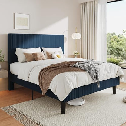 Queen Bed Frame, Corduroy Tufted Headboard, Dark Blue, view 5