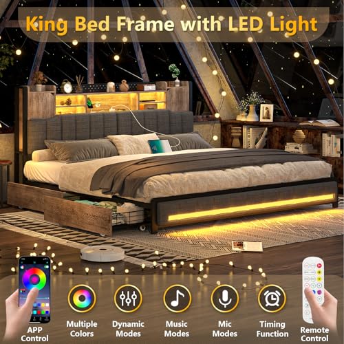 King Size Bed Frame and Bookcase Headboard & Storage Drawers, LED, view 5
